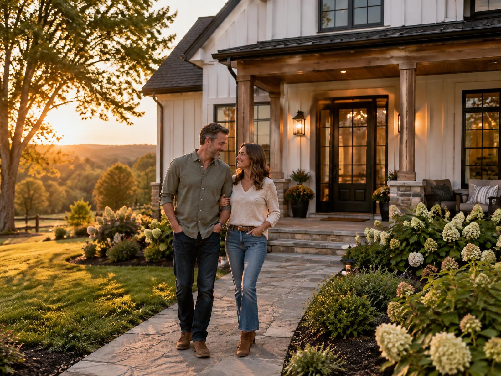 A couple walking together in front of a new farmhouse-style home at sunset